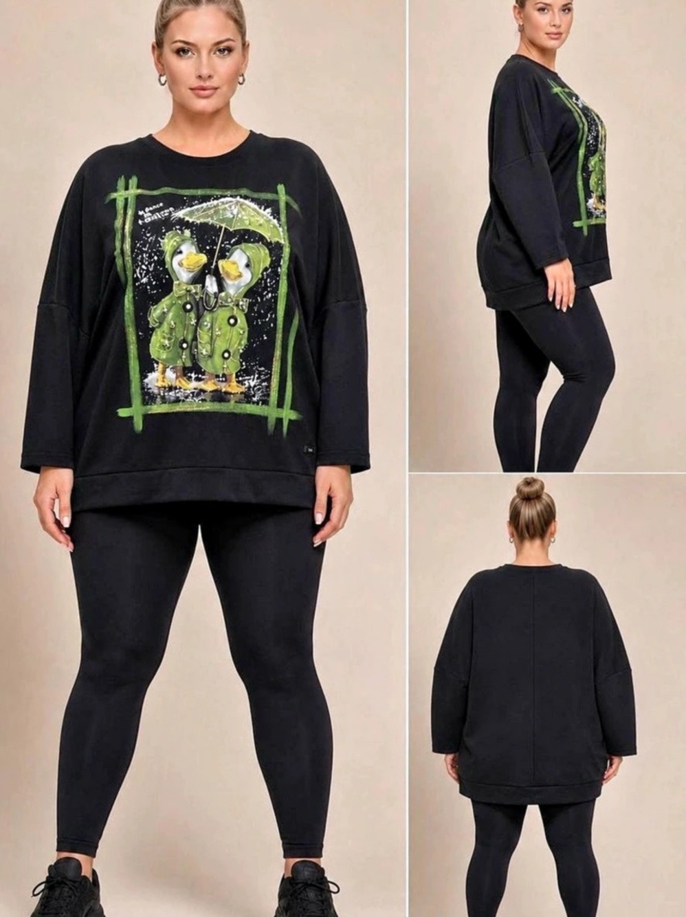 Graphic Long Sleeve Top in Black & Green Like New